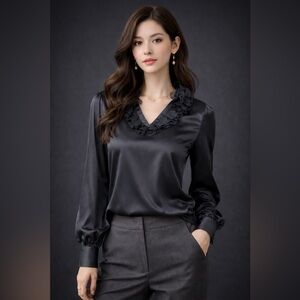 Armani Collezioni Gunmetal Gray Silk Ruffled V-Neck Blouse